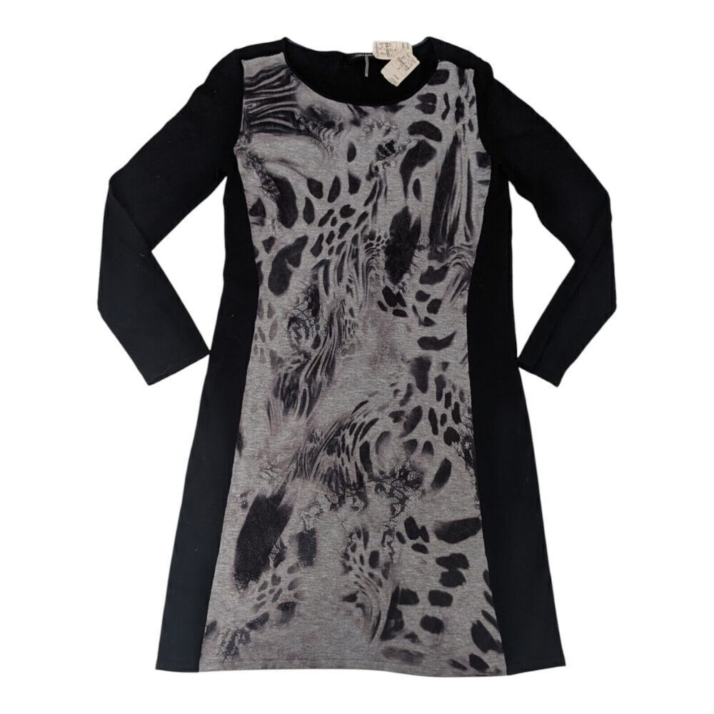 Luisa Cerano‎ Black sweater dress front gray with print 3/4 Sleeve Size 10 NWT